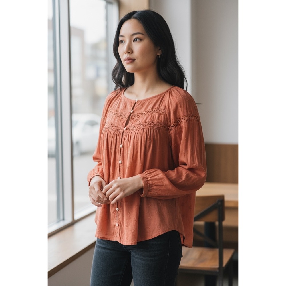 Old Navy Women's Small Coral Embroidered Long Sleeve Lace Trim Button Down NWT